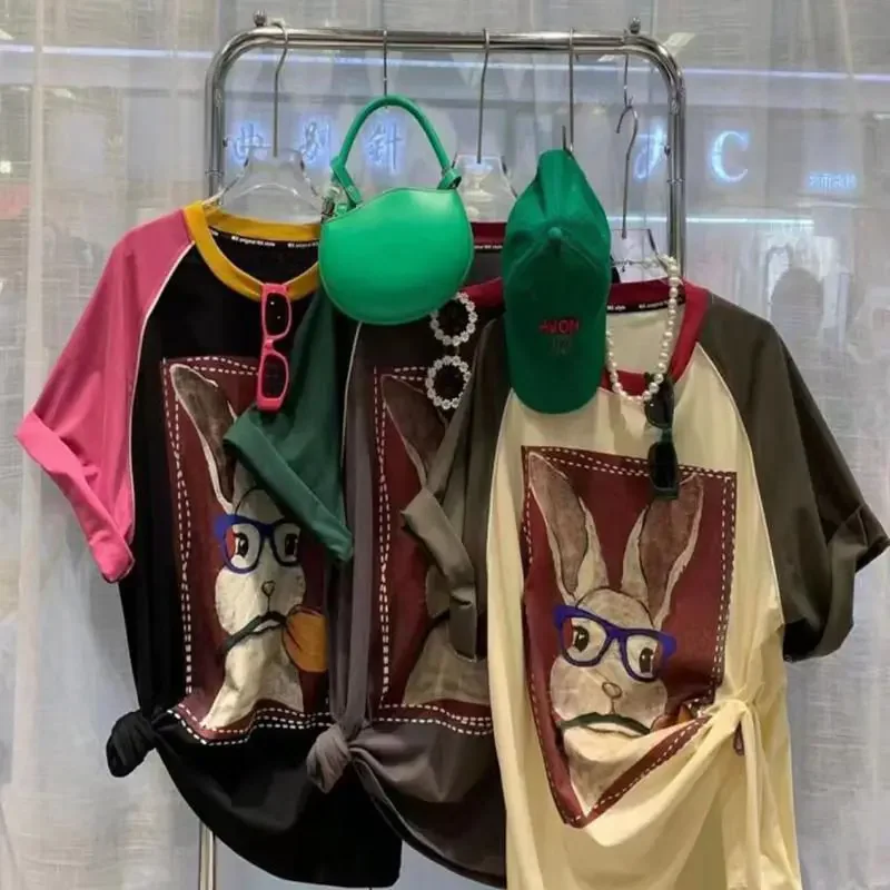 Big size unique Hong Kong style couple explosion street retro shoulder short sleeved T-shirt men's and women's new top