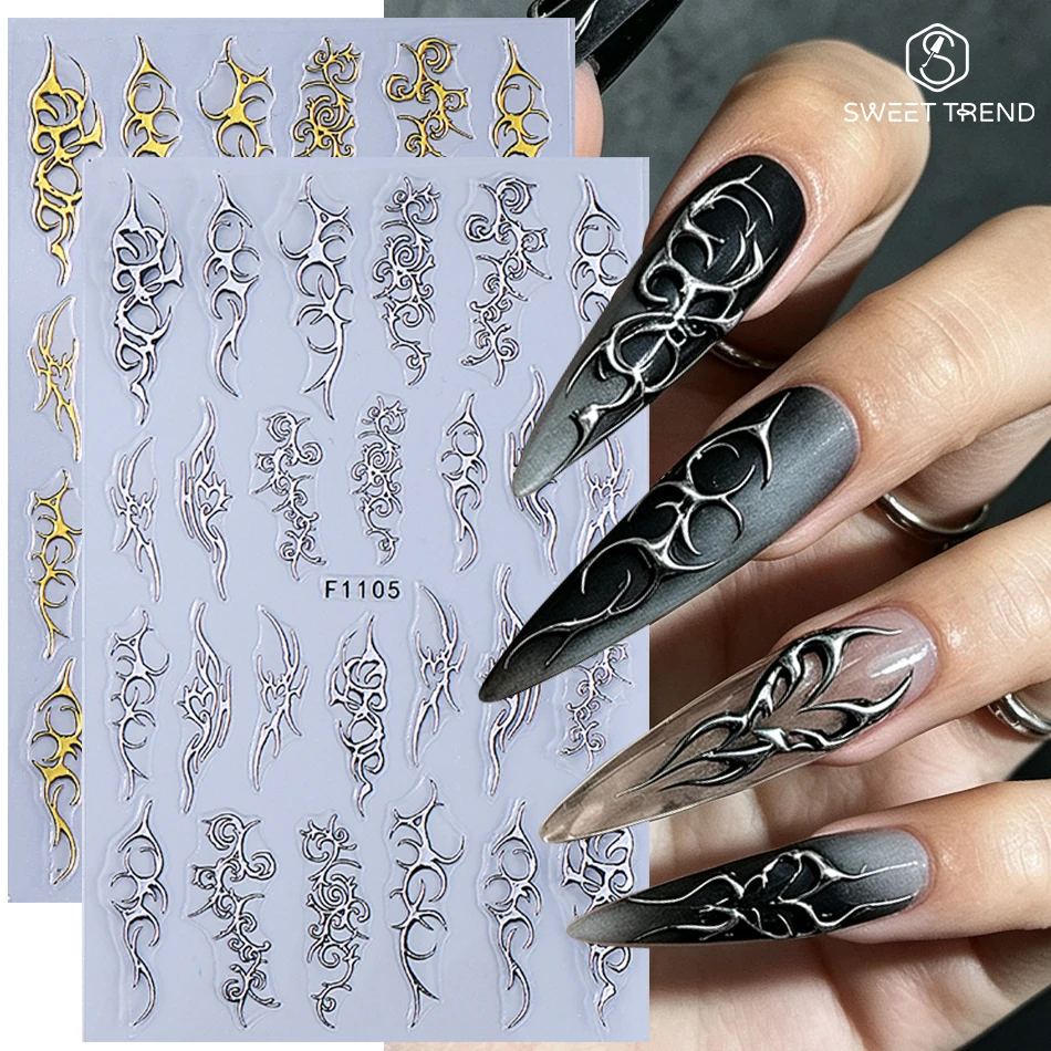2 autocollants Y2K dorés et argentés pour ongles, motifs flammes gothiques irrégulières, décalcomanies pour manucure DIY, fournitures pour ongles
