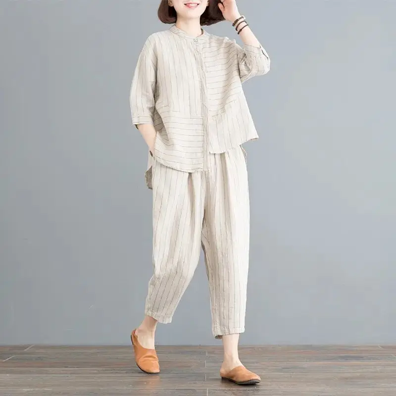 Striped Casual Suits for Women 2026 Summer New in Set Korean Loose Thin Fashion T Shirt and Harem Pants Oversized 2 Piece Sets