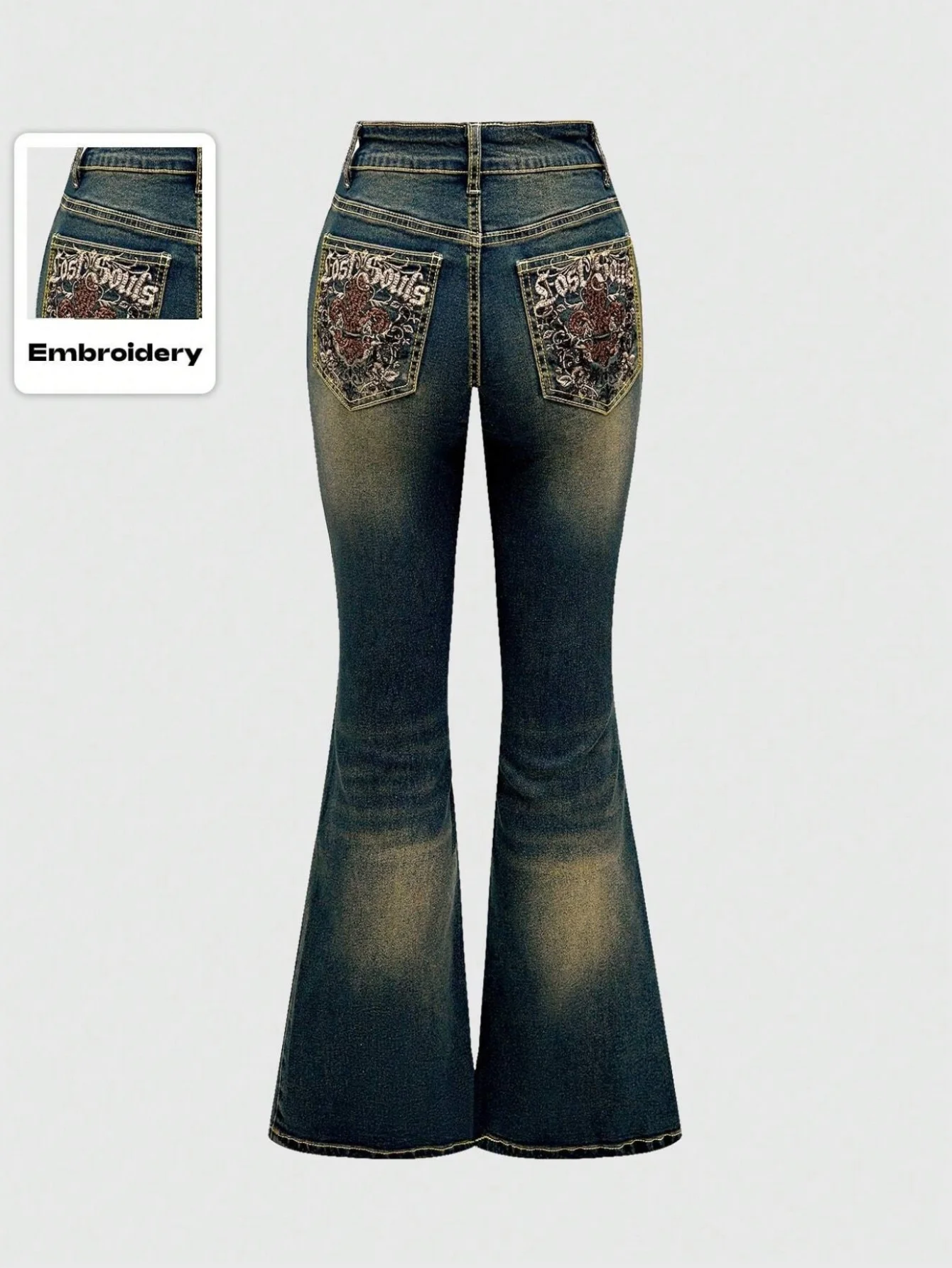 

Women Vintage Flare Jeans High Waist Heavy Embroidery Distressed Denim Pants European American Y2K Chic Casual Long Trousers