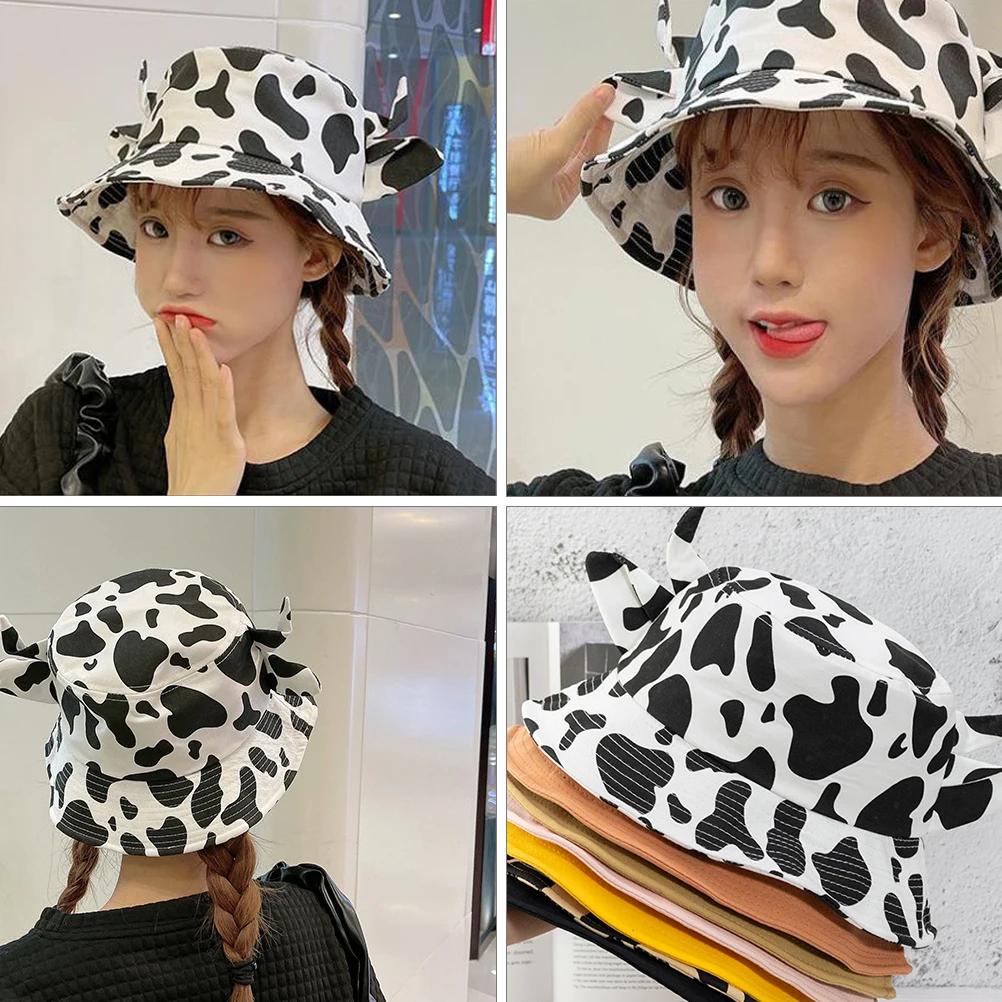 

1pc Horns Sun Protection Beach Ladies Anti Cow Prints Anti-Uv UV Cow Prints Fisherman Cap Fisherman Cap Summer Wide Brim