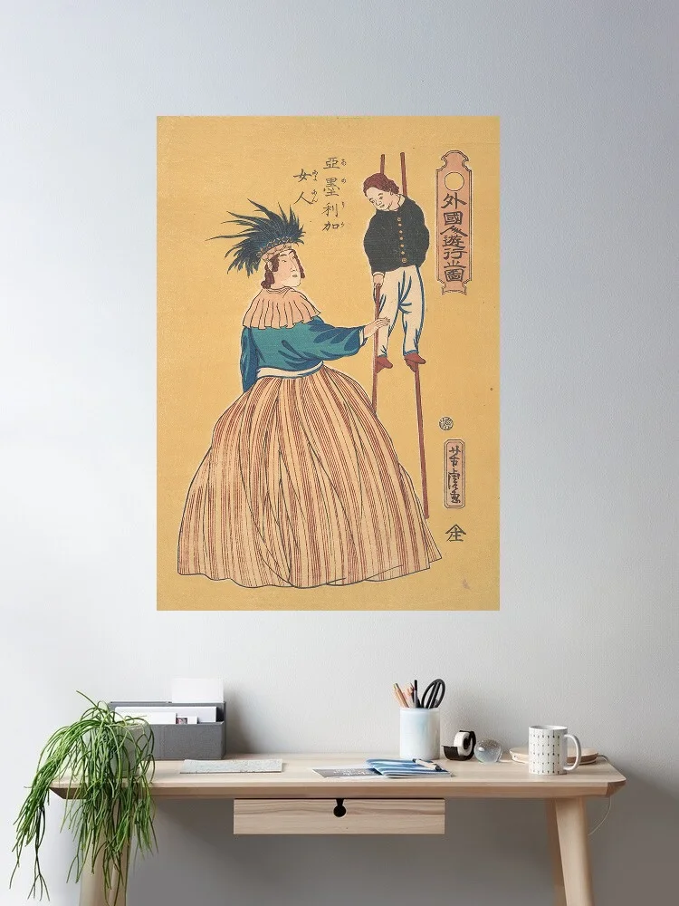Mujer estadounidense con su hijo sobre zancos, obra de Utagawa Yoshitora, Japón, impresión artística sobre lienzo, póster para decorar la sala de estar, cuadro para la pared del hogar.