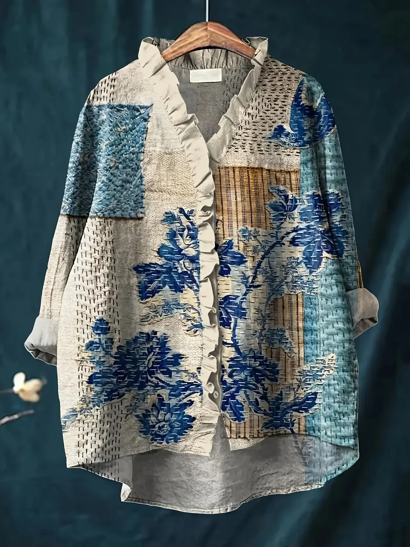 2026 women's long sleeved lace shirt with exquisite retro floral pattern design,Low style ruffle edge