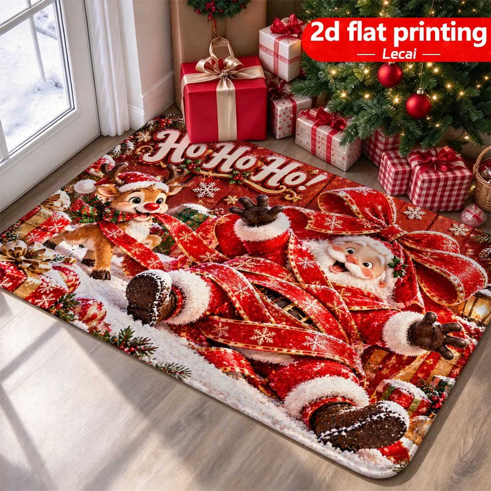 1pc Merry Christmas Doormat Red Heart Gift Box Pattern Welcome Rug Smiling Santa Claus Deer Floor Mat Festive Area Rug