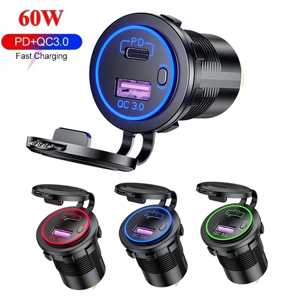 60W PD QC 3.0 Fast Charging Power Switch 12V/24V USB Car Charger Car Lighter Socket Universal Motorcycle Car Truck RV ATV Boat