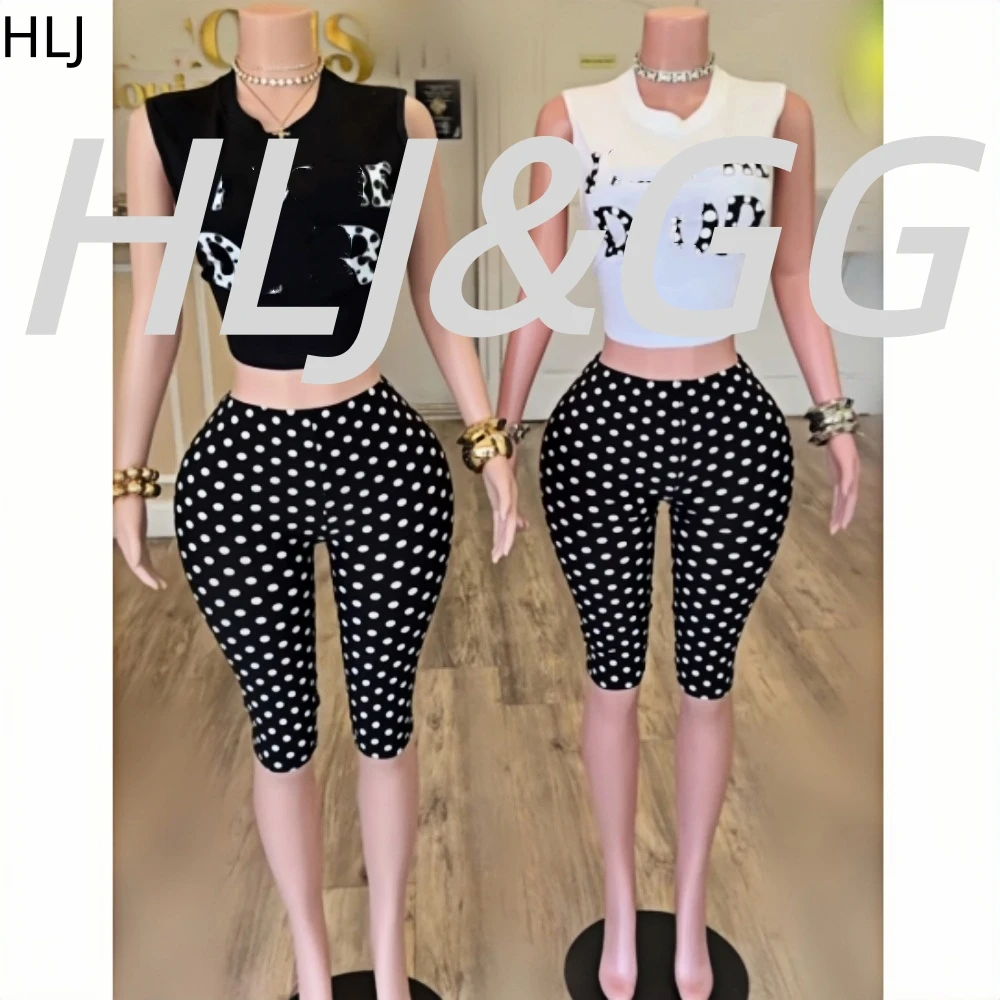 

HLJ Fashion Trend Polka Dot Print Skinny Shorts Two Piece Sets Women Round Neck Sleeveless Slim Top+Shorts Outfit Streetwear BR
