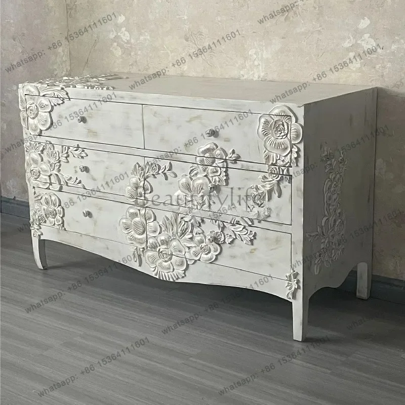 retro old solid wood, small apartment bedroom storage drawer carved living room entrance cabinetX
