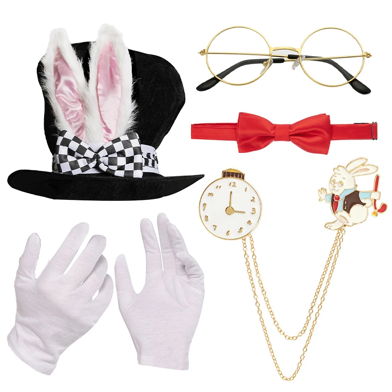 

White Rabbit Costume Set Mad Hatter Hat Rabbits Ears Topper Plush Hat for Halloween Accessories Set