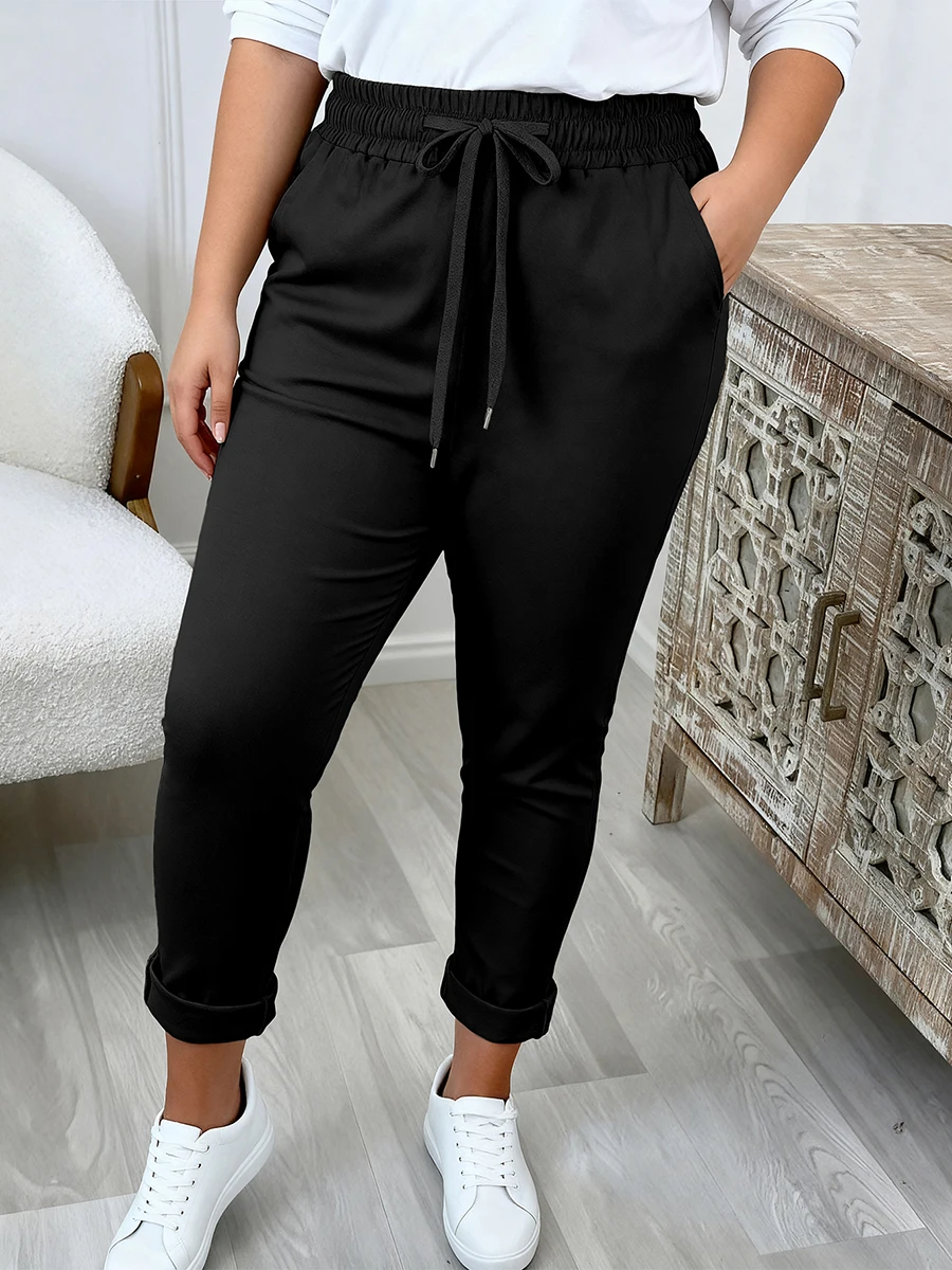 Damen Jogginghose Schwarz, Casual, Elastischer Bund, Hohe Taille, Komfort-Stretch, Schmal zulaufendes Bein, Kordelzug, mit Taschen – Detail 3