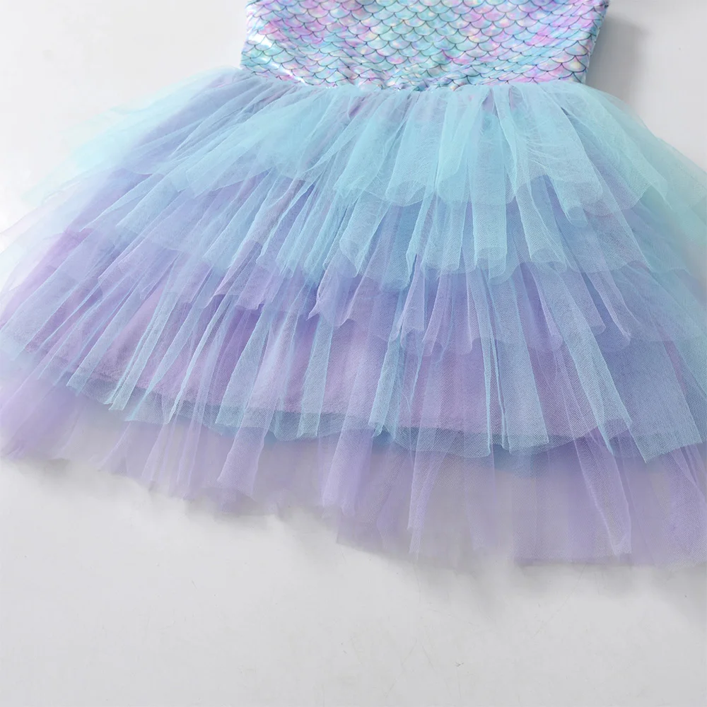 VIKITA Girls Flare Sleeve Summer Dress Kids Mermaid Print Birthday Party Travel Beach Princess Dresses Girls Mesh Tulle Dress