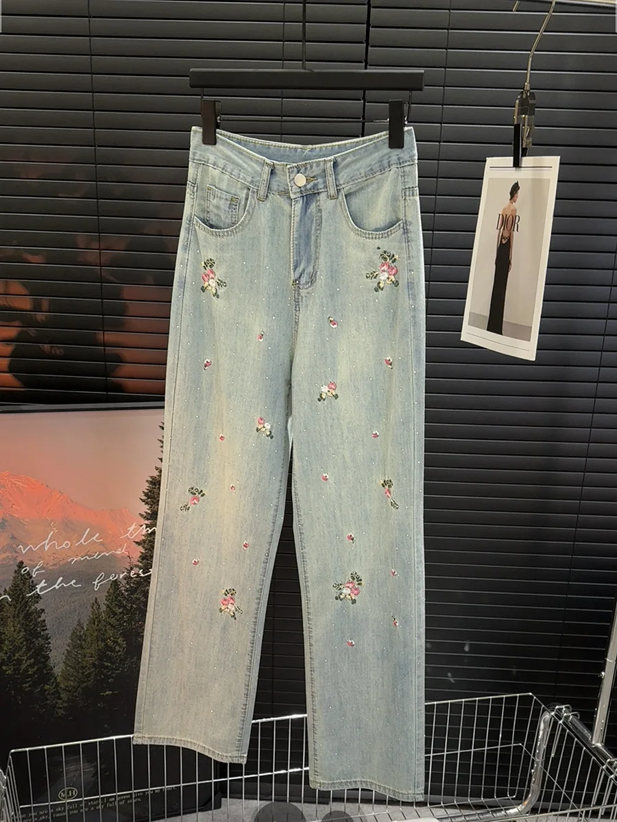 Primavera estate donna floreale ricamato perline Jeans Vintage a vita alta dolce Denim pantaloni moda donna Y2k vestiti Streetwear