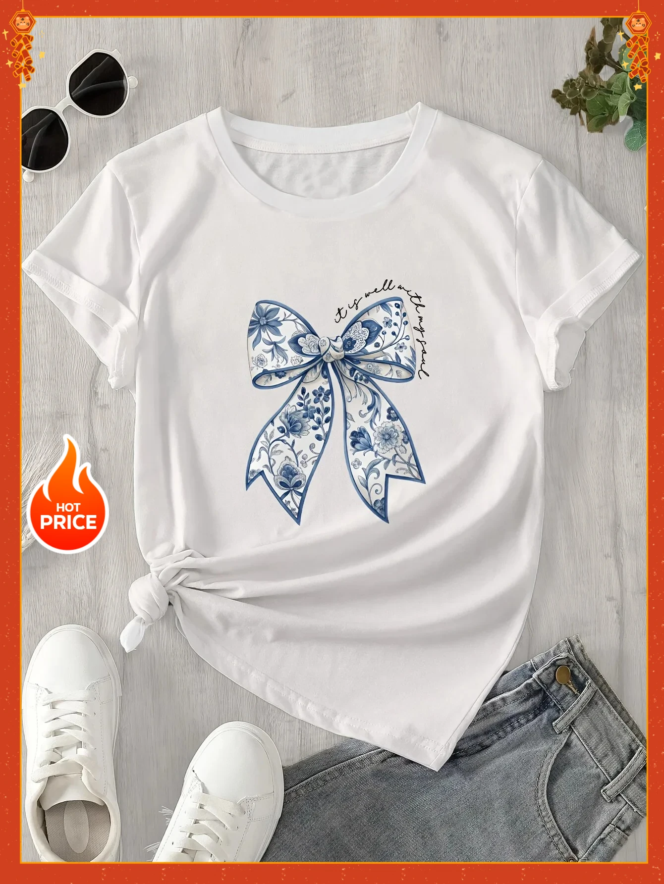 

With Floral Design Breathable Summer Regular Fit Breathable Clothing Women's Butterfly Print T-Shirt Y2K Casual Short Sleeve