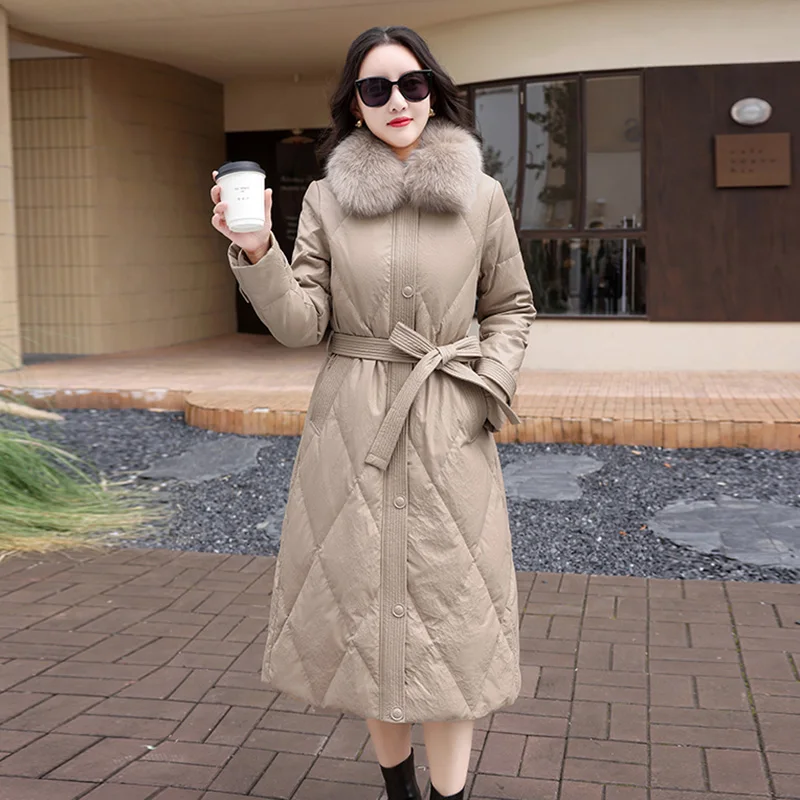 New Women Long Leather Down Coat Winter Fashion Warm Real Fox Fur Collar Sheepskin Down Jacket Split Leather Casual Outerwear