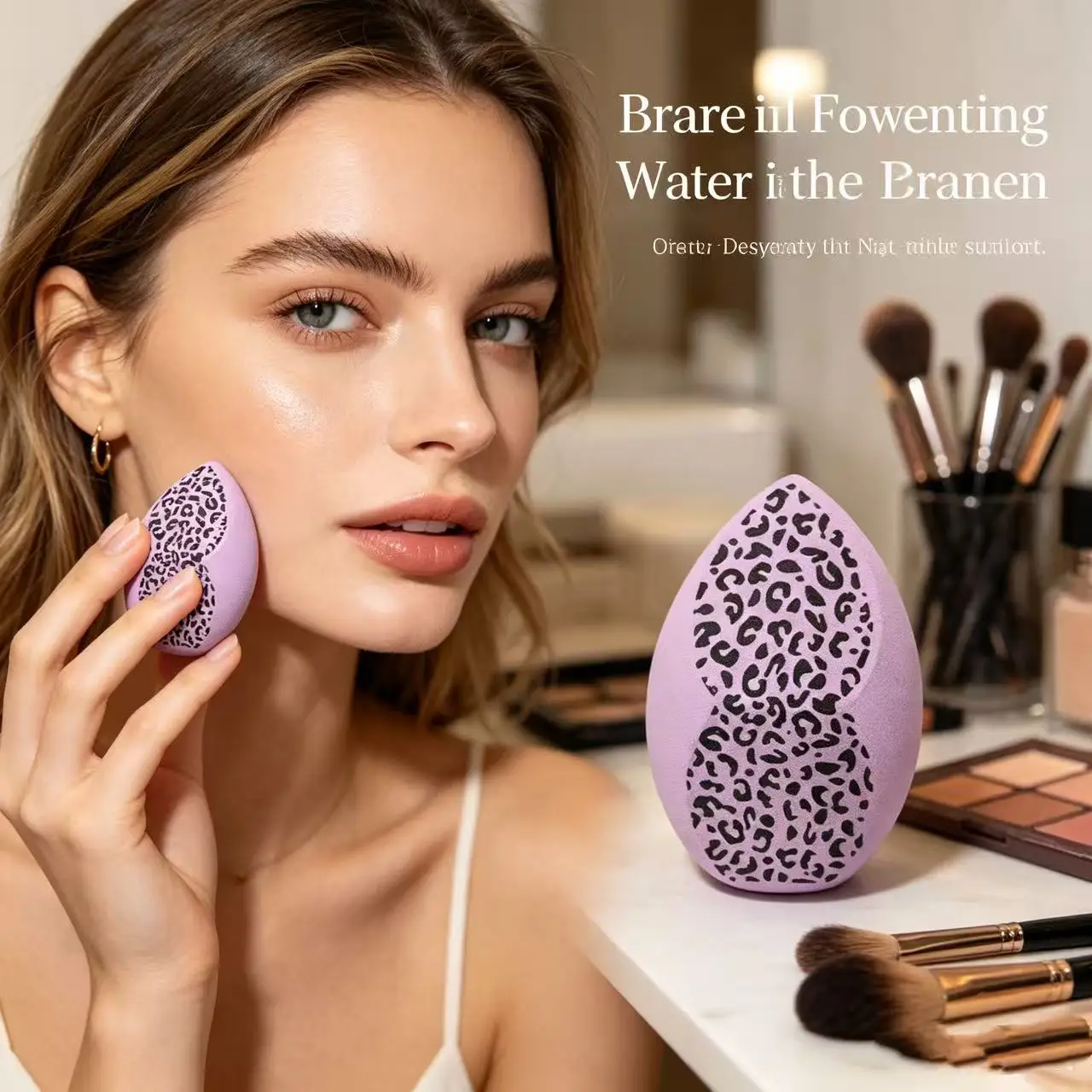 Leopard-print drop-shaped beauty sponge, high-density, soft makeup brush, expands when wet.