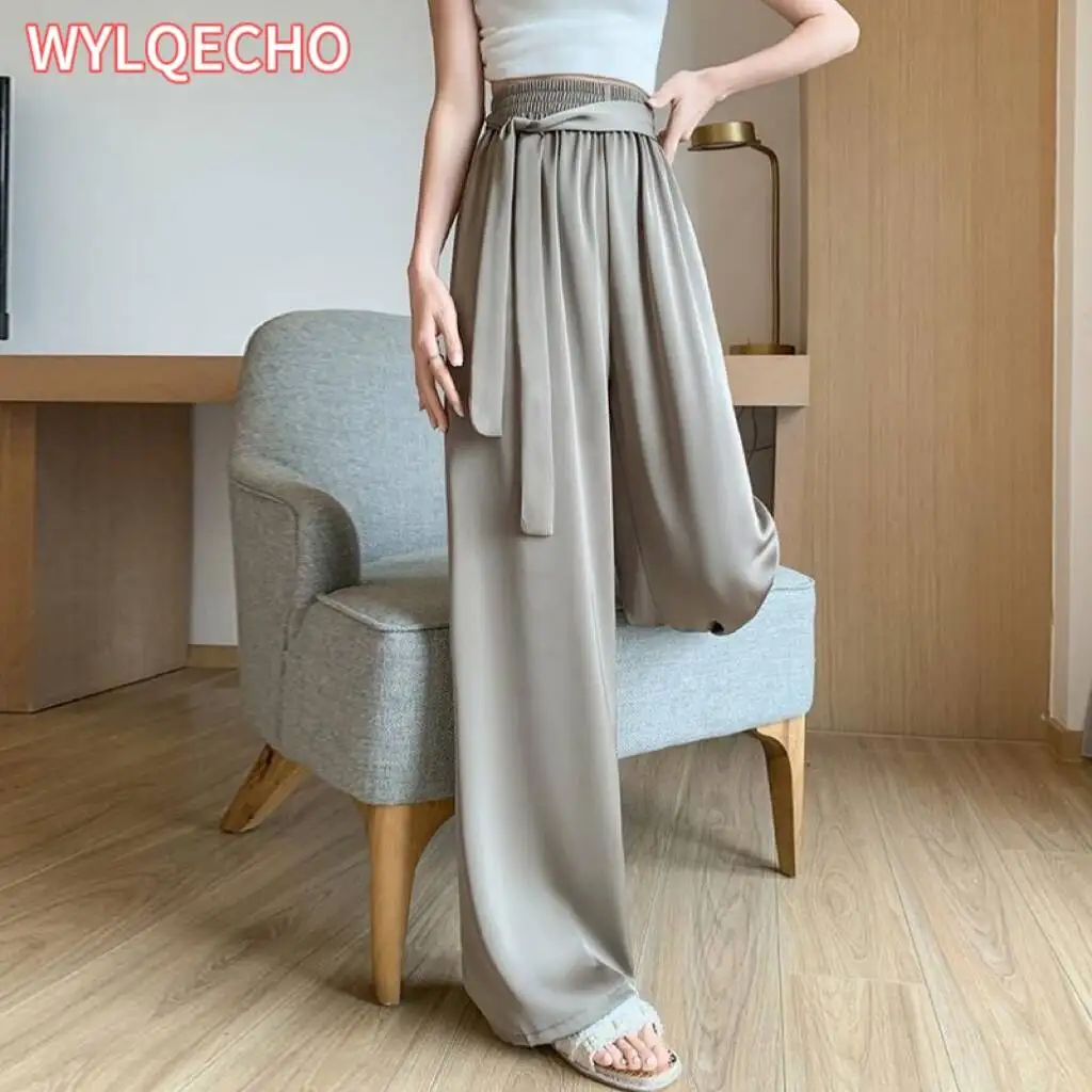 

Summer Wide-leg Pants for Women High Waist Satin Silk Straight Pants Full Length Korean Elegant Baggy Casual Women's Trousers