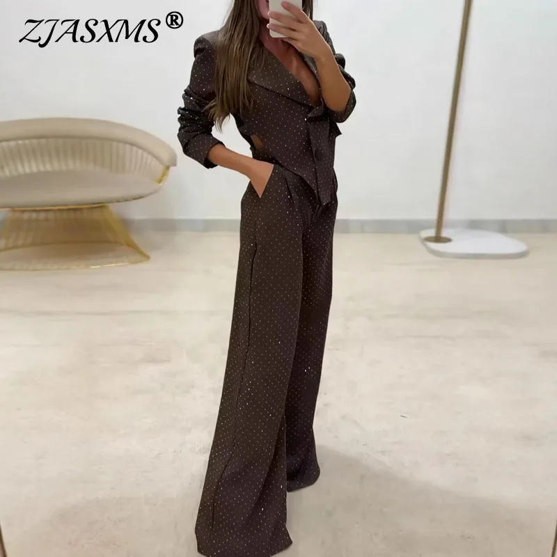 

Новый блестящий женский костюм с бриллиантами, элегантный отложной воротник на пуговицах, куртка нестандартной формы + брюки с высокой талией, комплекты осеннего наряда с длинными рукавами