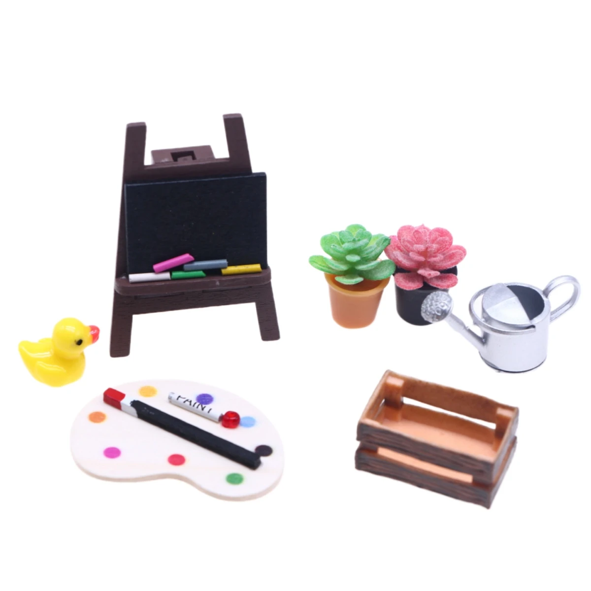 9Pcs Dollhouse Miniature Painting Art Tool Wooden Easel Small Duck Potted Plant Watering Can Palette Crayon Microlandscape Deco