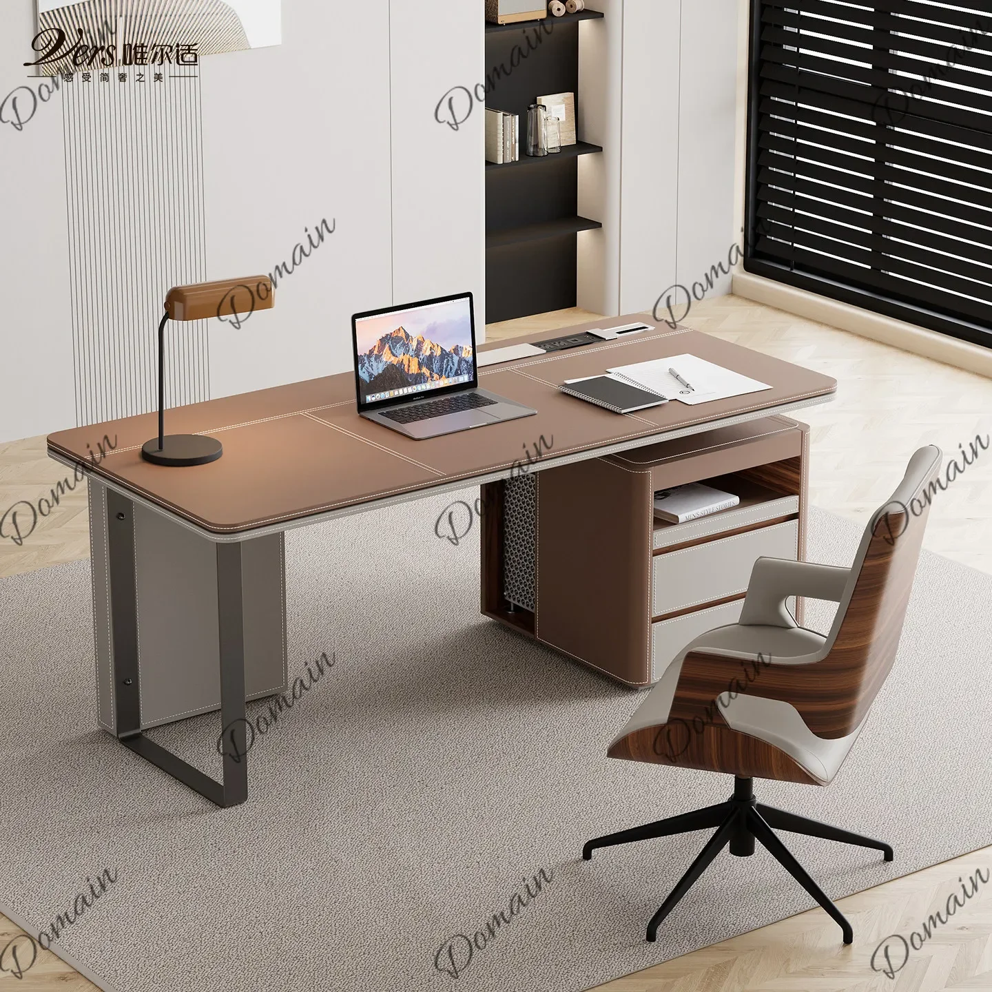 m GB Luxury Saddle Leather Office Desk Italian Minimalist with Side Cabinet Solid Wood Computer Desk Study Double Writing Table