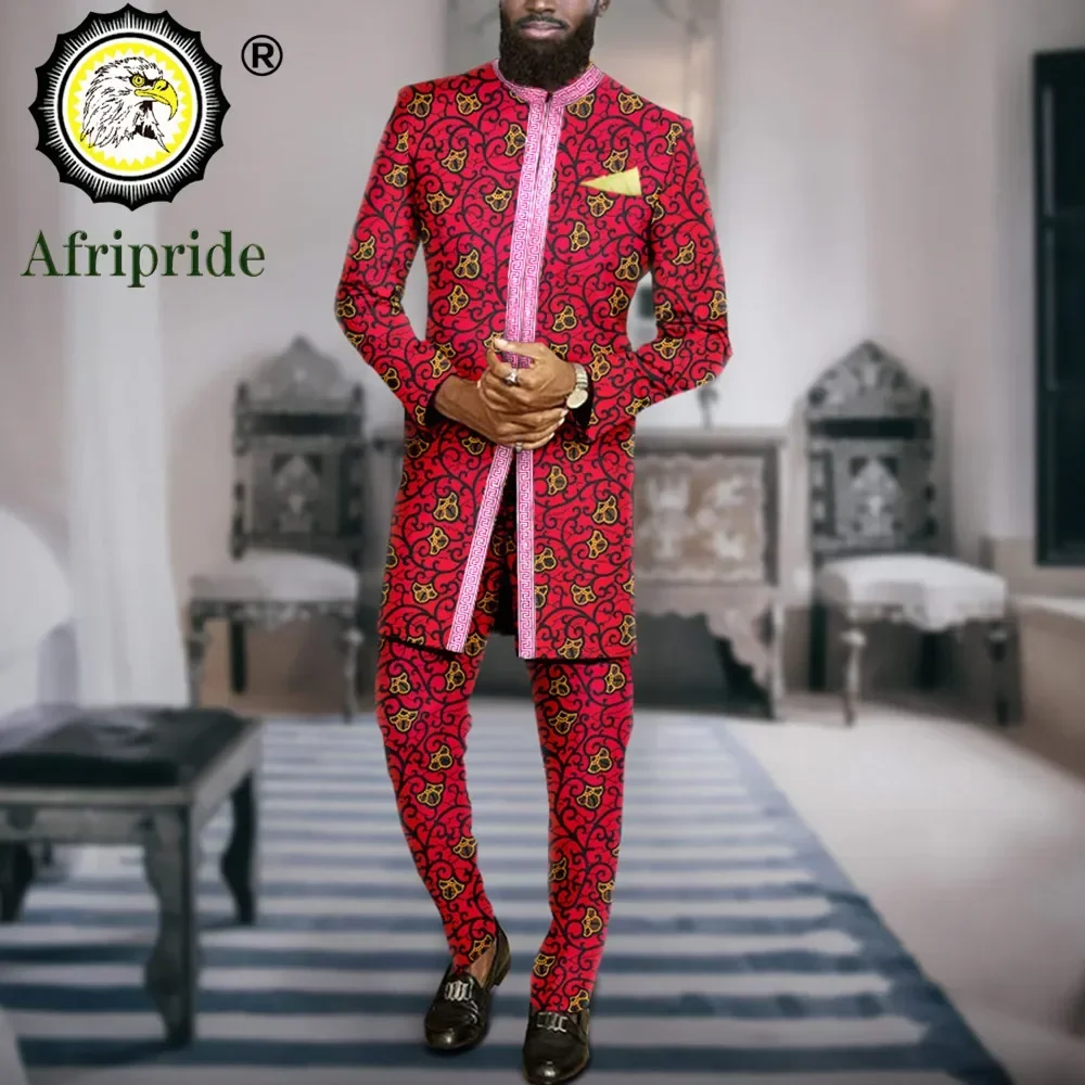 African Suits for Men Slim Fit Embroidery Print Blazer and Ankara Pants 2 Piece Set Formal Outfits Dashiki Jacket A2316065