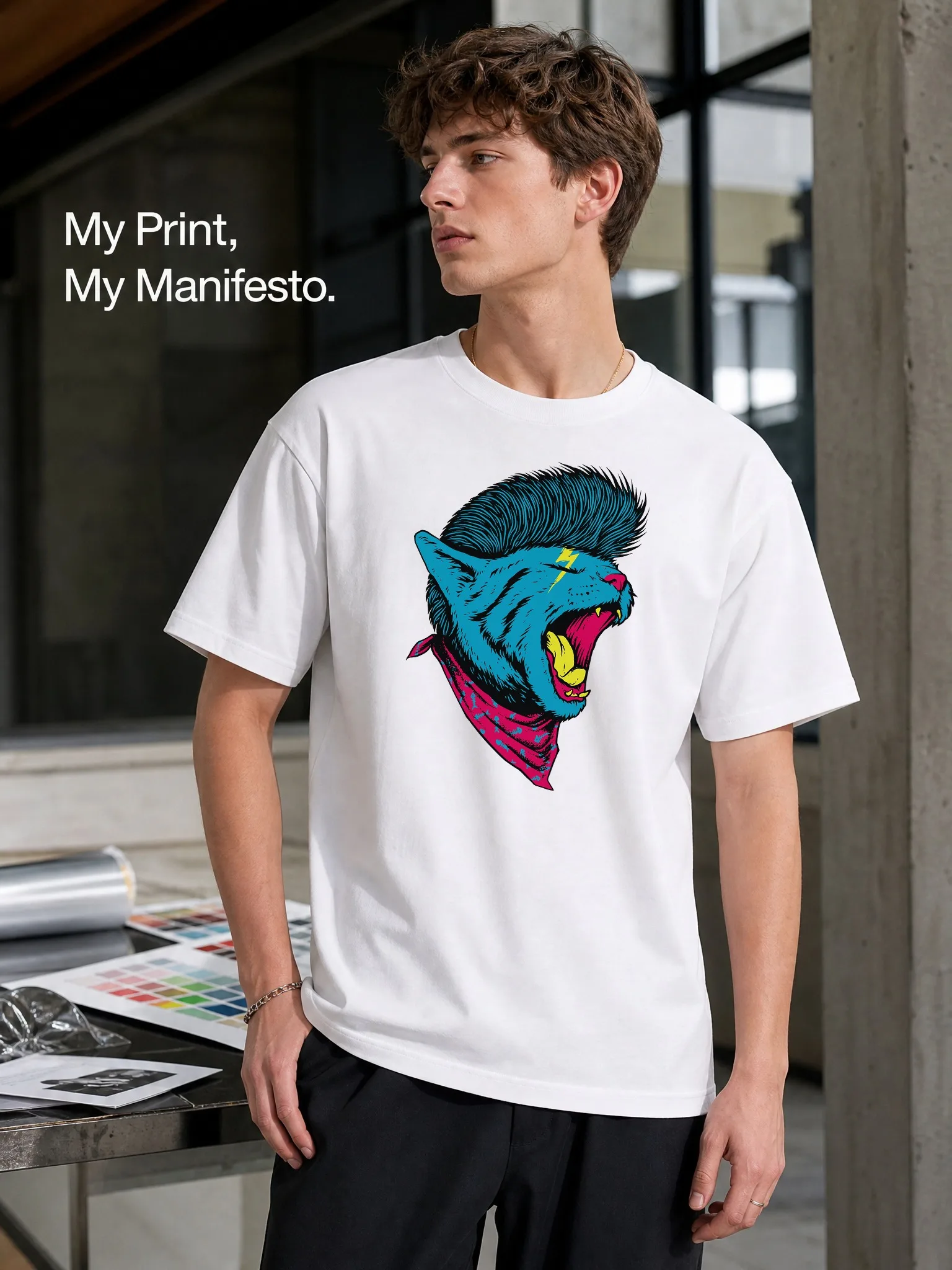 Men's White Crew Neck Short-Sleeve T-Shirt with Mohawk Hairstyle, Blue Leopard Head, Lightning, and Bandana Print, Loose Fit, Street Punk Style, Everyday Casual Wear, Cotton, Comfortable and Breathable