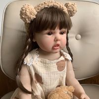 1 Piece 22 Inch Finger Eating Reborn Doll Fully Vinyl Washable Brown Hair Lifelike Girl Cute Princess Child Birthday Gift