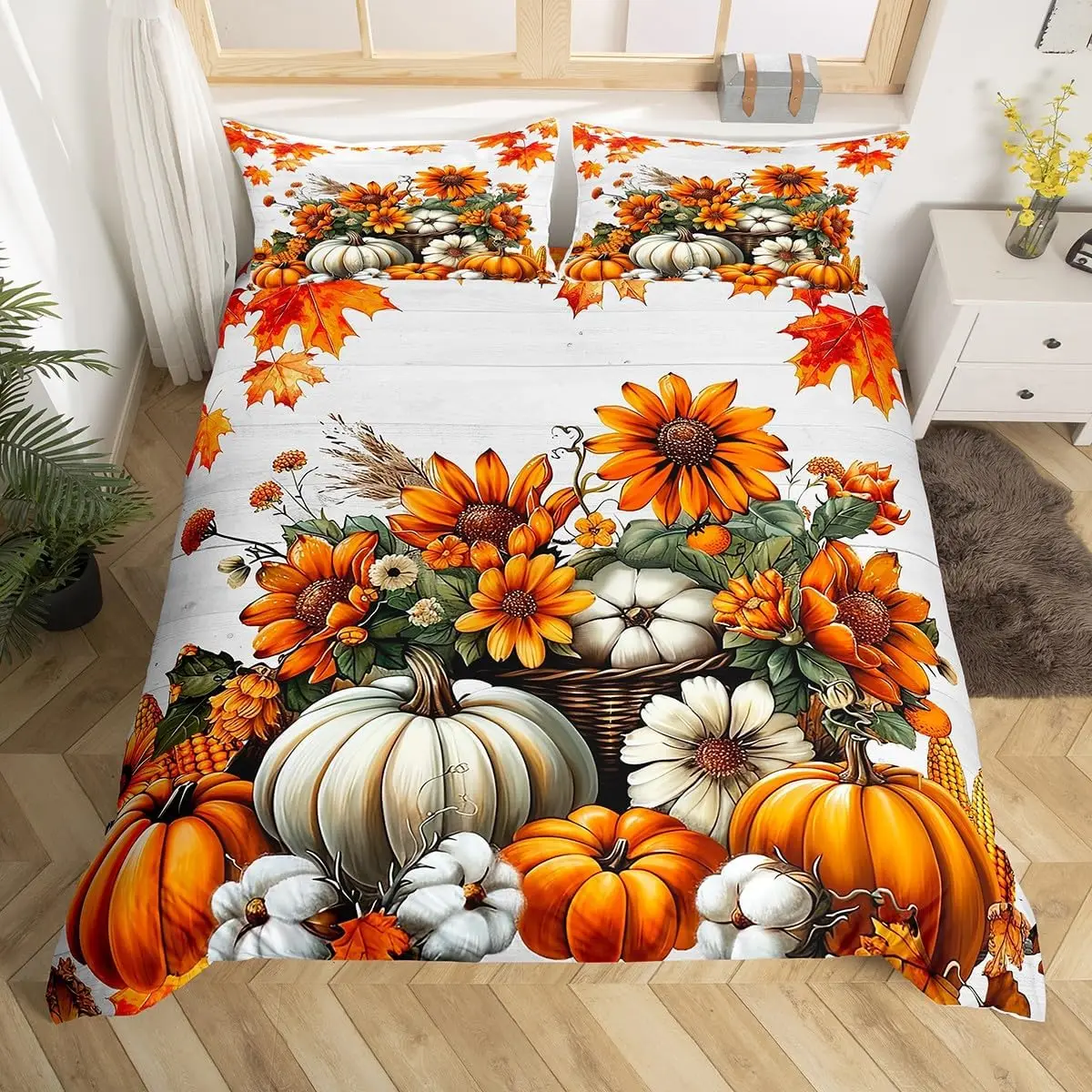 Happy Thanksgiving Comforter Cover,Fall Harvest Pumpkin Duvet Cover Full King for Boys Teens Adult Autumn Maple Leaf Bedding Set