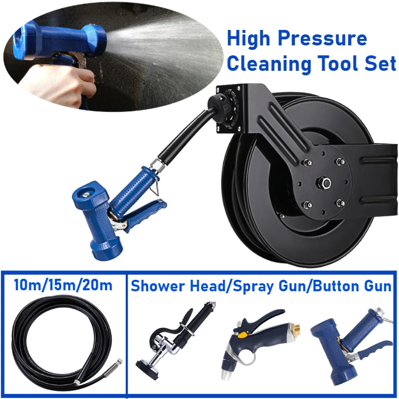 

Water Retractable Hose Reel High Pressure Cleaning Set with 10m/15m/20m Rubber Air Hose and Spray Gun/Shower Head/Button Gun