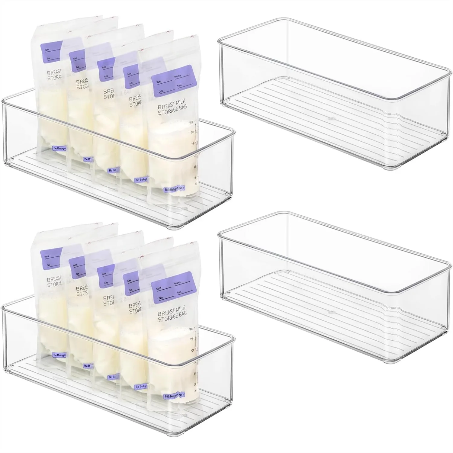 

4 Pack Clear Storage Bins for Fridge and Freezer, Plastic Organizer for Breastmilk Bags, Bottles, and Pantry