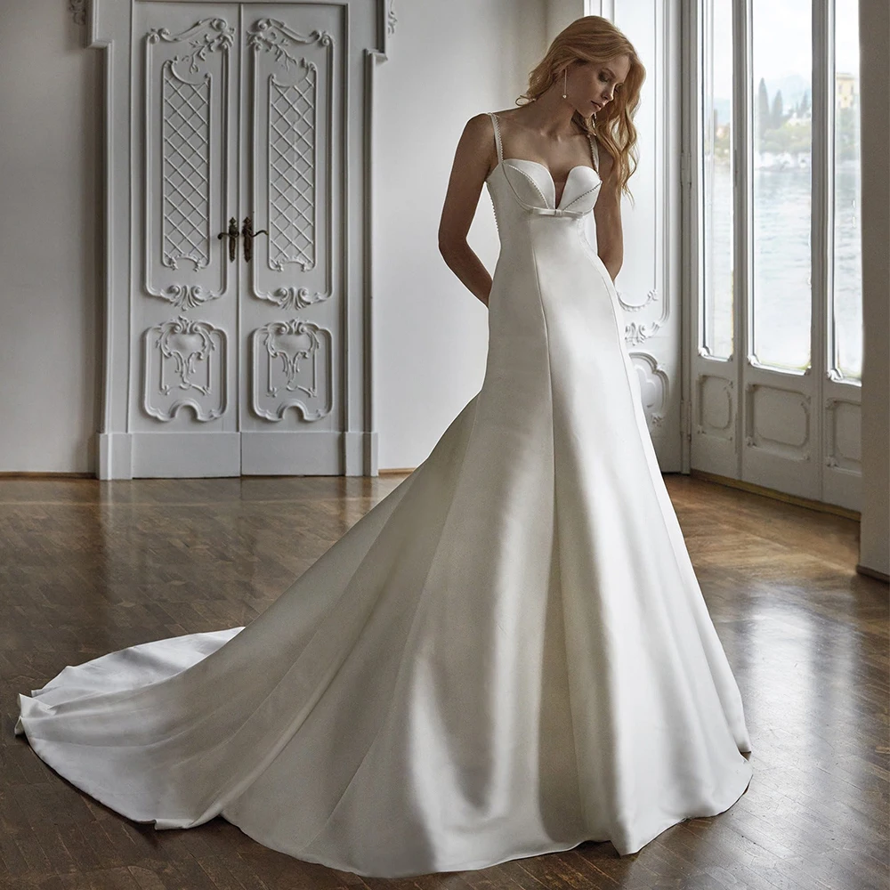 Chic Bride Wedding Dress Sweetheart Spaghetti Straps Mermaid Floor Length with Sweep Train Satin Sexy Open Back Sleeveless Gowns