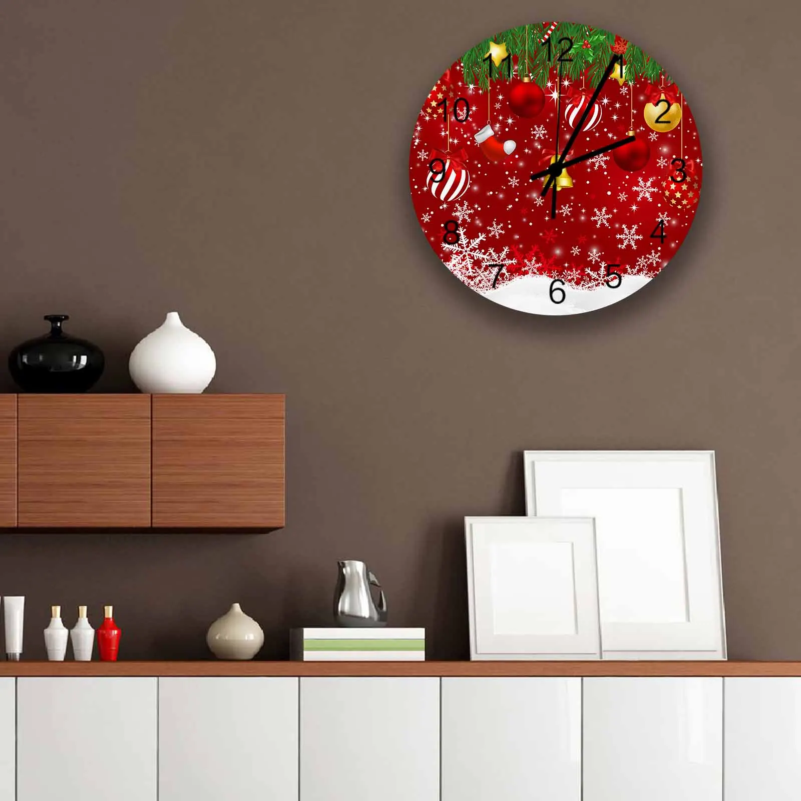 Christmas Ball Snowflakes Pine Branches Wall Clock Large Modern Kitchen Dinning Round Wall Clocks Bedroom Silent Hanging Watc