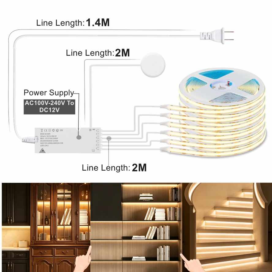 A Set 30m~0.5m 12V COB LED Strip Light Under Cabinet Collection Display for Grille TV Background Wall Panel Cabinet Decor