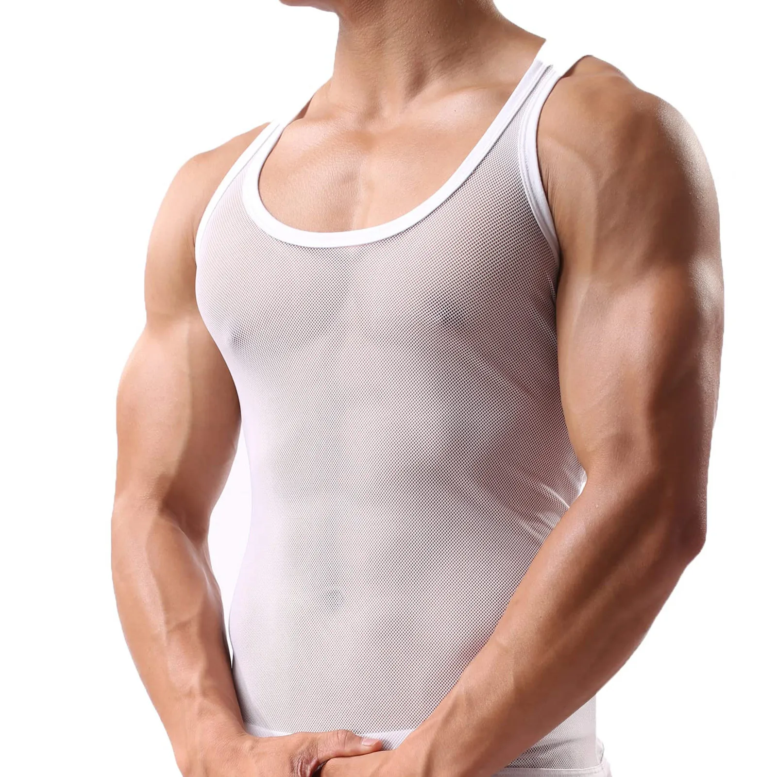 Chaleco transparente de malla para hombre, camiseta sin mangas ultrafina y transpirable, ropa interior Sexy