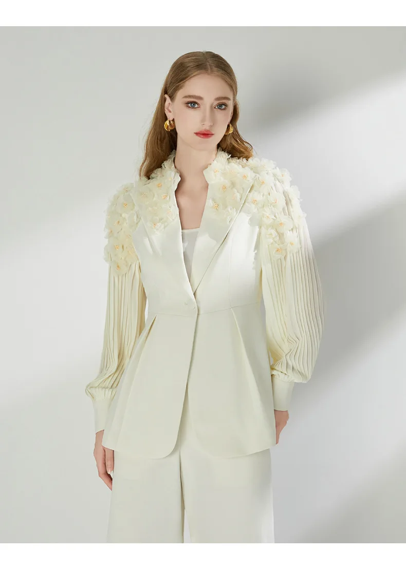 Luxury 2 Piece Sets Women Spring Summer 3D Flower Blazers Coats Wide Leg Pants Suits Crystal Elegant Quality Matching Sets