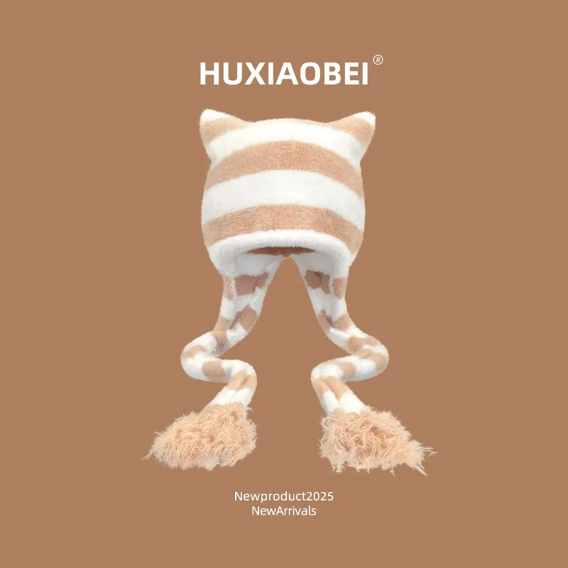 

Japanese Y2k Striped Cat Ear Knitted Pullover Hat Women Winter Outdoor Warmth Cute Casual Lace-up Ear Protector Beanie Caps