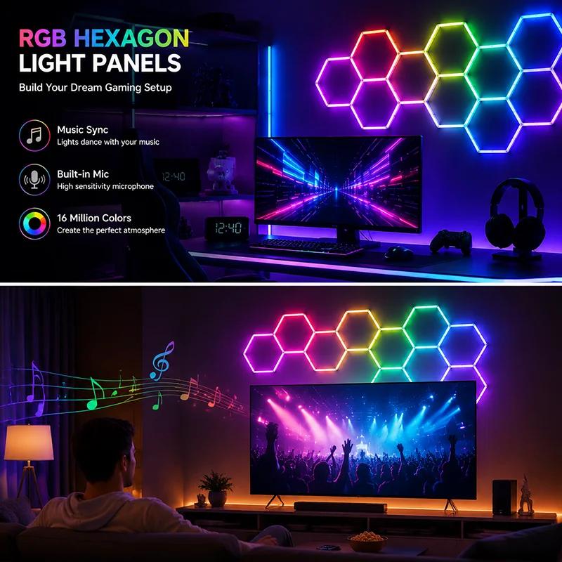 Garage Lighting RGB Hexagon Led Panels with Hue 0 360 Degree Adjustable Brightness Hex Lights Music Reactive for Studio Ktv Club