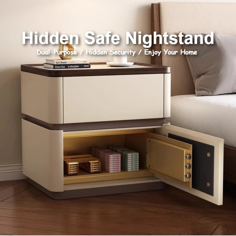 Modern Minimalist Bedside Table With Drawers Coded Lock Nightstands Safe Strongbox Nordic Design Hotel Bedroom Wood Furniture