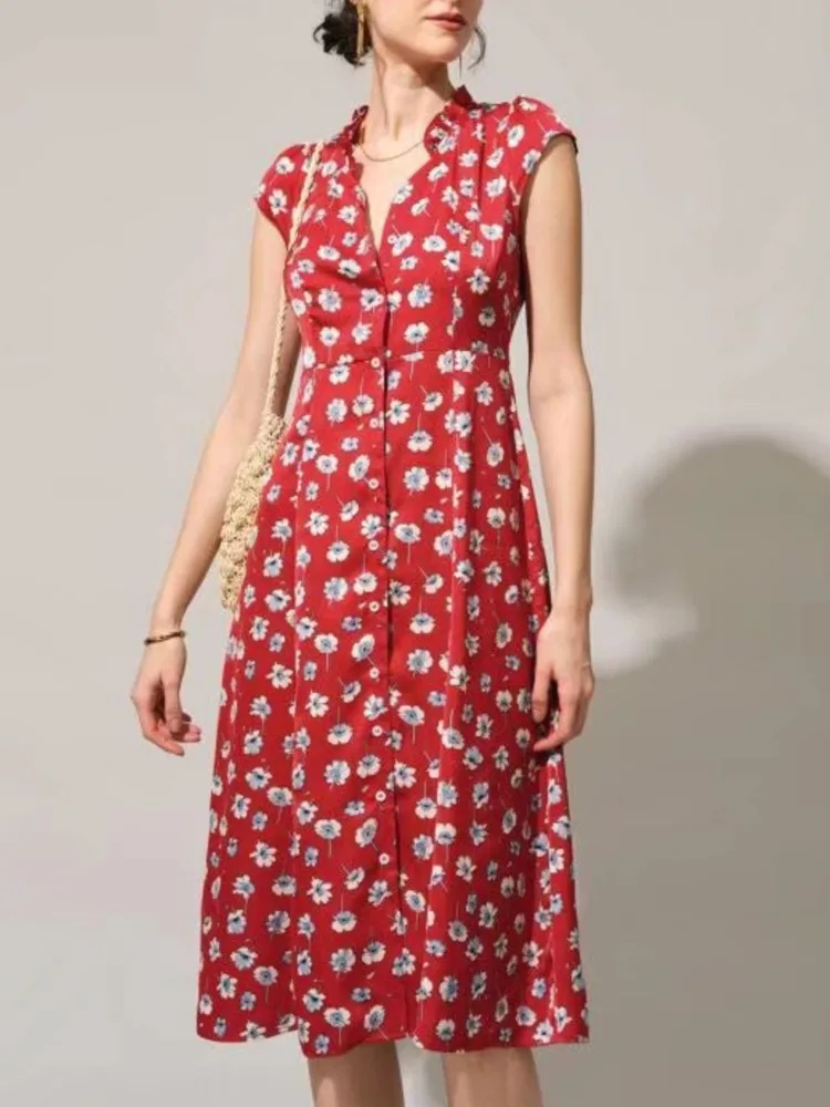 2025 New Red Floral Printed Dress Short Sleeve V-neck Button Midi Dresses Elegant Casual Streetwear Party Female Dress