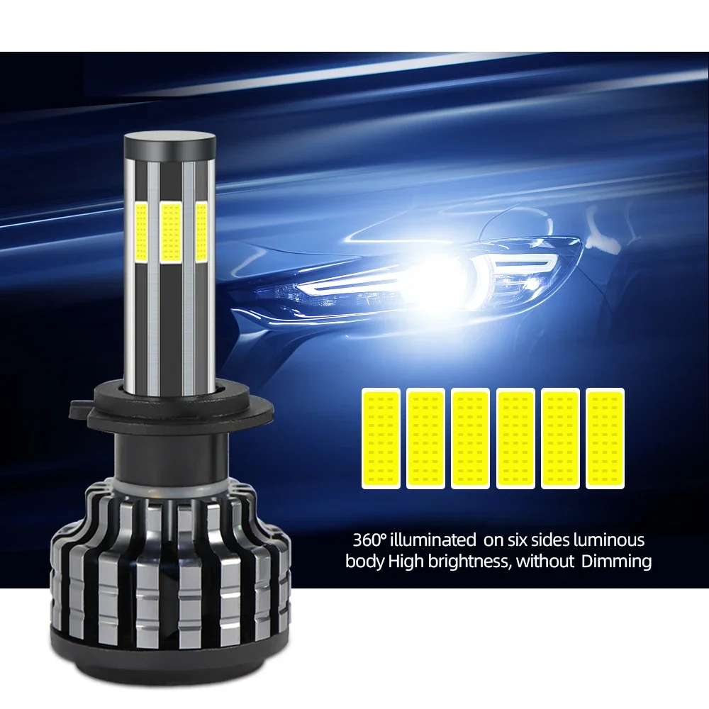 H4 LED Car Headlight 6 Sided 3 Colors 3000K 6000K 8000K H8 H13 9005 9006 H7 H11 LED Bulb 200W 32000LM COB Chips Lights 12V