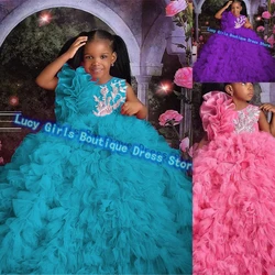 Flower Girl Dress Tulle Fluffy Quality Layering Wedding Dresses White Appliqué Princess Kids Birthday Party Customised Gowns