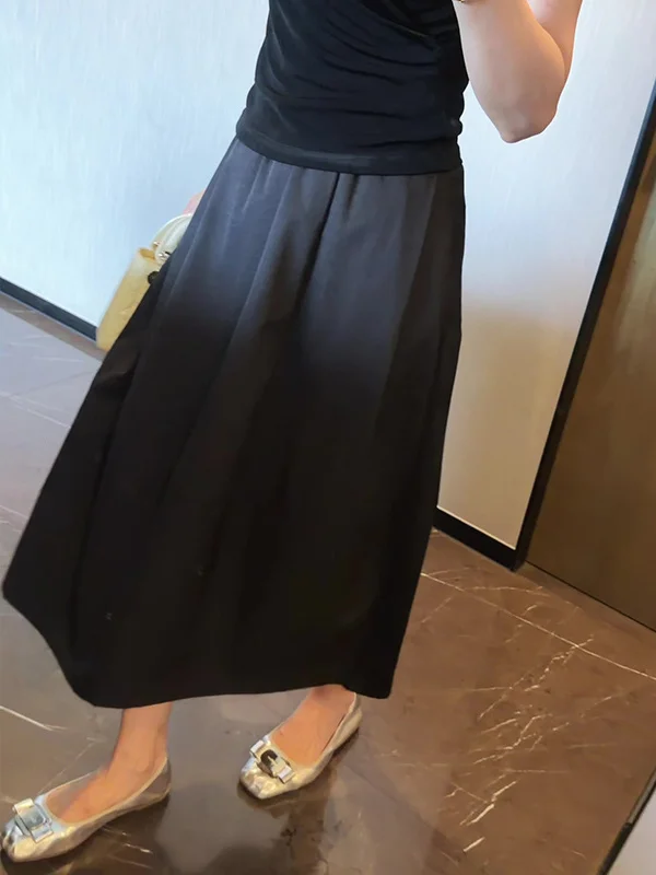 High Waist A-Line Midi Skirt for Women Summer 2026 New Style Slimming Hip Covering Simple Elegant Versatile Black Half-length...
