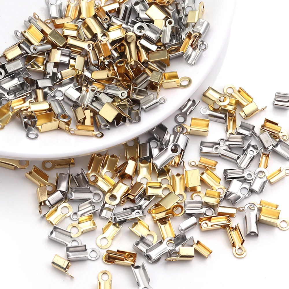 30-60pcs Stainless Steel Cove Clasps Cord End Caps String Ribbon Leather Clip Tip Fold Crimp Bead Connectors For Jewelry Making