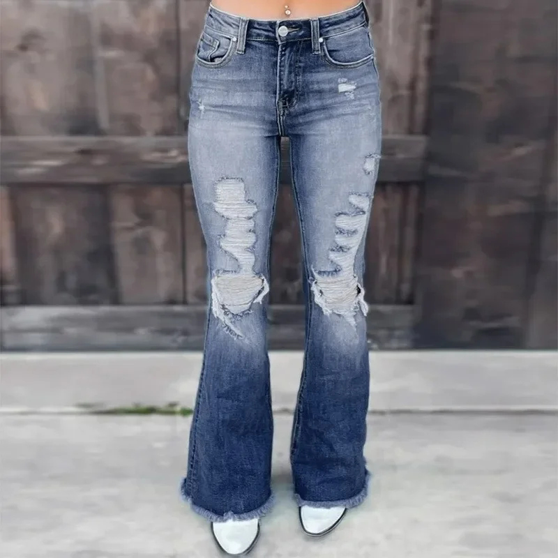 Flare Pants Women Boot Cut Mom Jeans Hole Distressed Stretch High Waist Vintage Washed Trousers Streetwear 2025 Denim Y2k