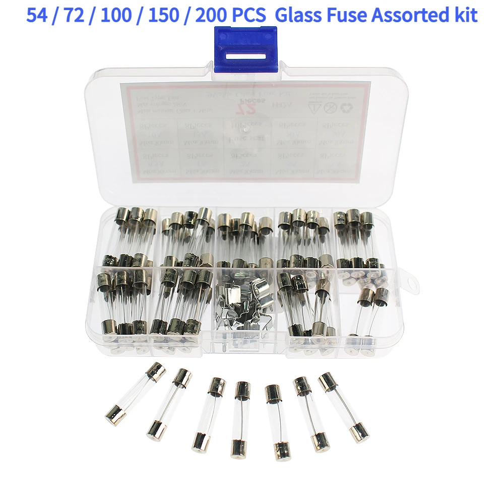 54/72/100/150/200PCS Fuse Assorted kit 5x20mm,6x30mm Quick Blow Glass Tube 0.2A-30A Blow Glass Fuse 10and 15Value electronics ﻿