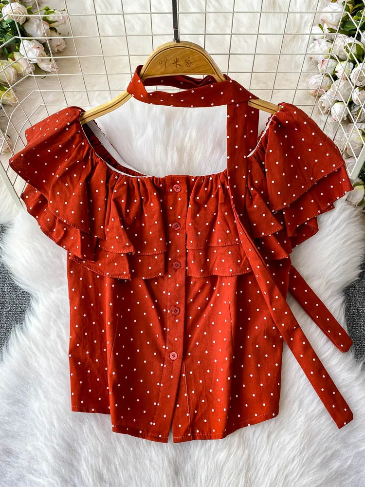 

Summer Polka Dot Ruffle Hem ort Sve Women's irt Slim Fit Single Button Korean Sle Commute round Ne Top