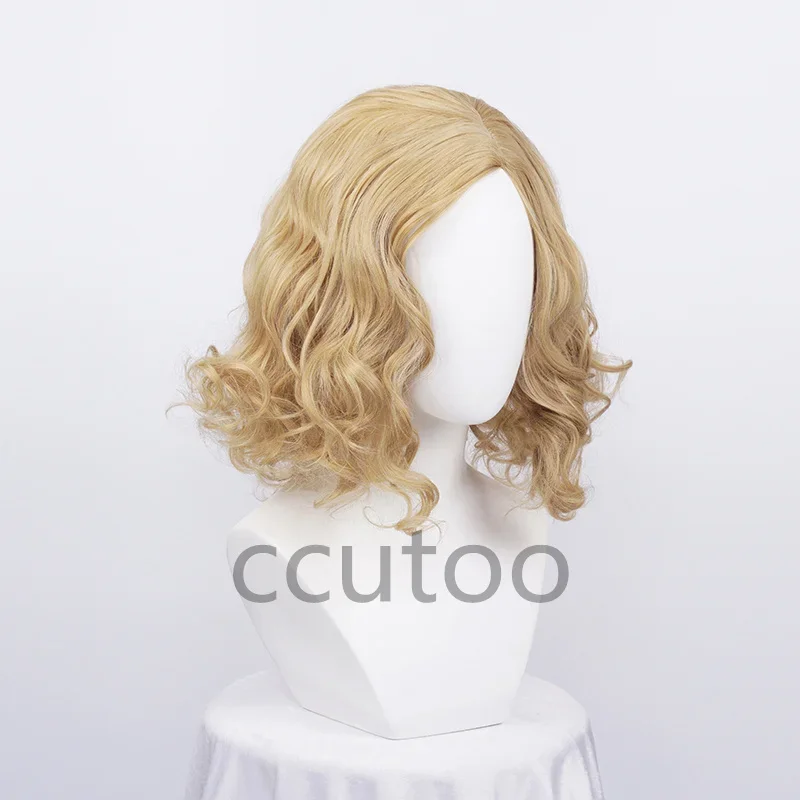 

Блондинка, золотистые короткие вьющиеся боковые проборы, парики для косплея, женский парик из синтетических волос на Хэллоуин + шапочка для парика