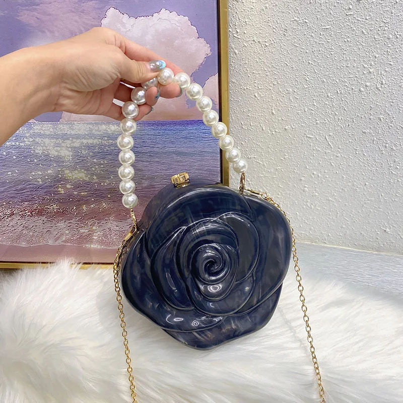 

Fashion Rose Floral Shaped Acrylic Clutch Purse Pearl Beading Handdle Luxury Women Handbag Shoulder Crossbody Bag