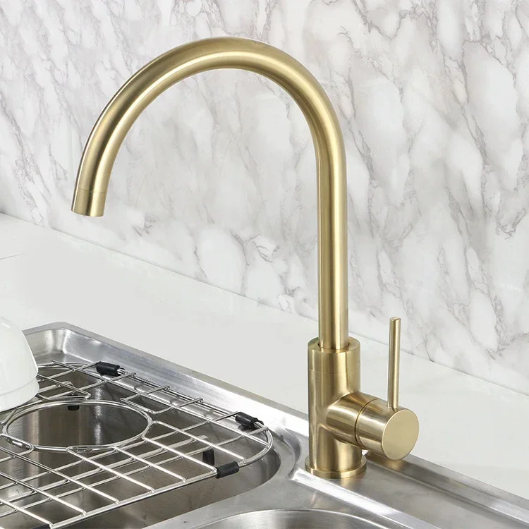 Home Brushed Gold Hot and Cold  Kitchen  Sink Mixer Taps Deck Mounted 304 Stainless Steel Kitchen Water Faucet