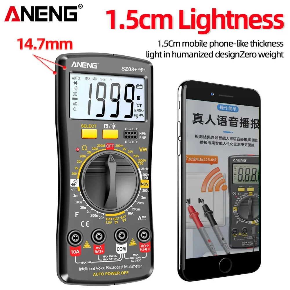 ANENG SZ08+ Digital Professional Multimeter Voice Broadcast AC/DC Current Tester Multimetro Hz hFE Ohm Tool for Electrician