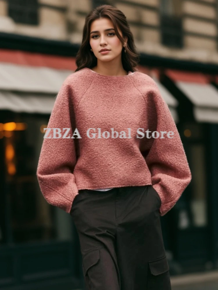 ZBZA Women's Vintage Pullover Sweatshirt Solid Lantern Sleeve Crew Neck Loose Jacket Autumn and Winter New Female Vogue Pullover