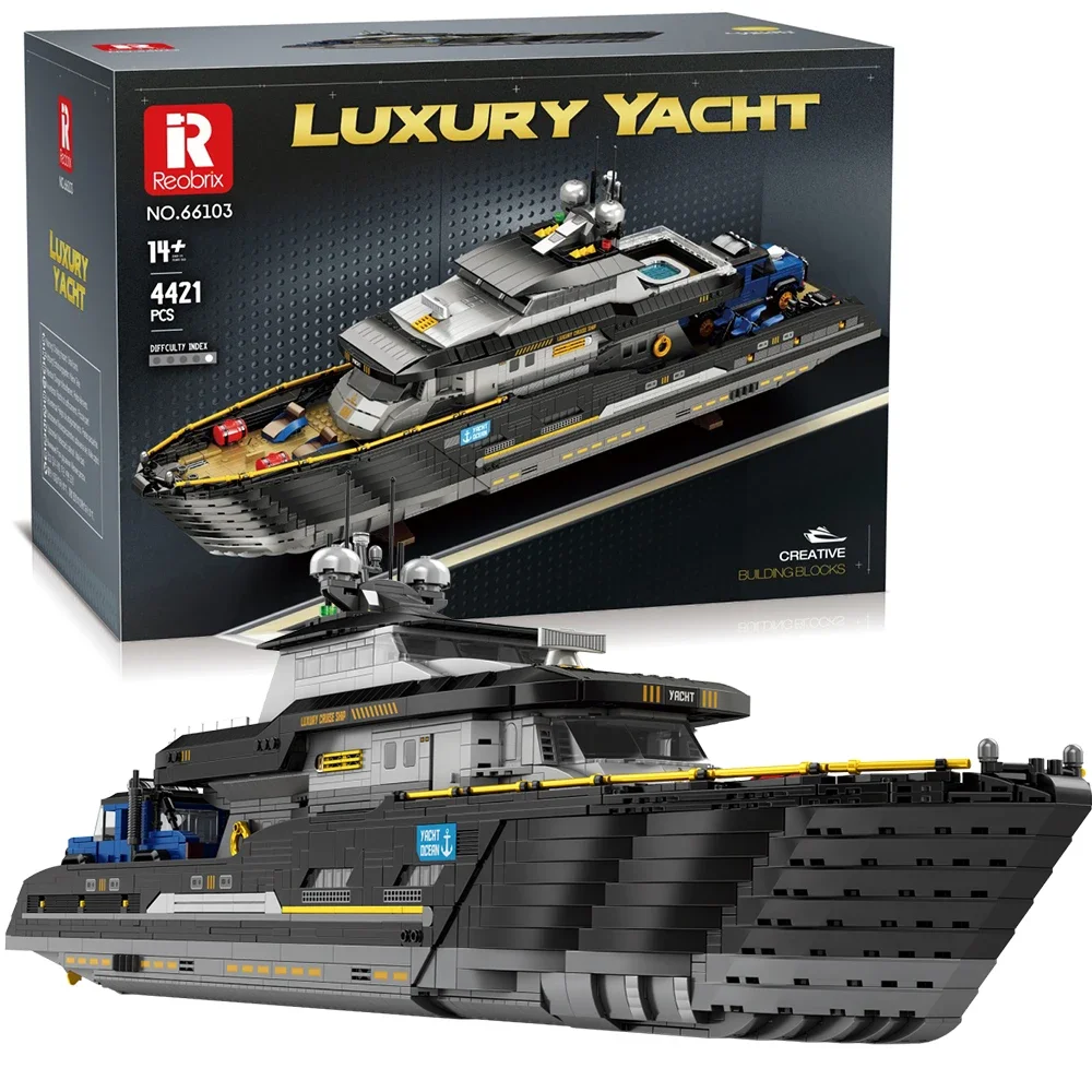 4421-teiliger Luxusyacht-Bausatz Motorboot Auto Kreuzfahrtschiff mit Präsentationsständer Desktop-Ornamente Pädagogisches DIY-Spielzeug Geschenke für Kinder